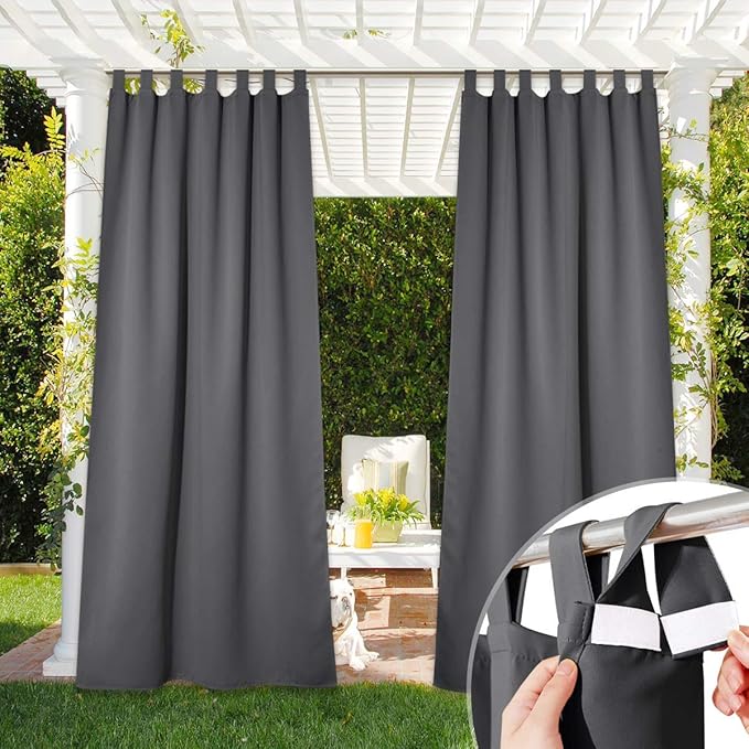 NICETOWN Outdoor Curtain for Patio Waterproof 95 inch Length, Sticky Tab Top Thermal Insulated Blackout Window Treatment Divider Protect Privacy for Cabana/Arbor, 1 Piece, W52 x L95, Grey