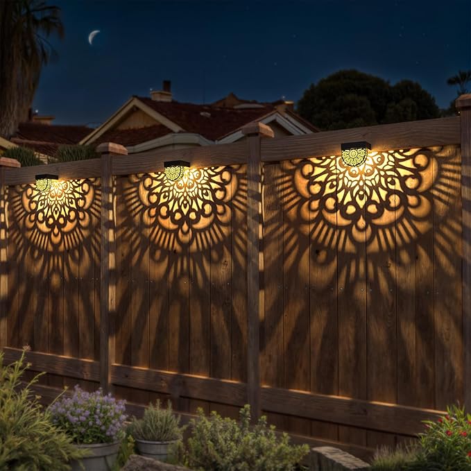 6 Pack Solar Fence Lights Outdoor Wall Lights Gold Plastic Solar Powered Deck Step Stair Lights Mandala Theme Waterproof Fence Solar Light for Garden Post Patio Backyard Yard Decor
