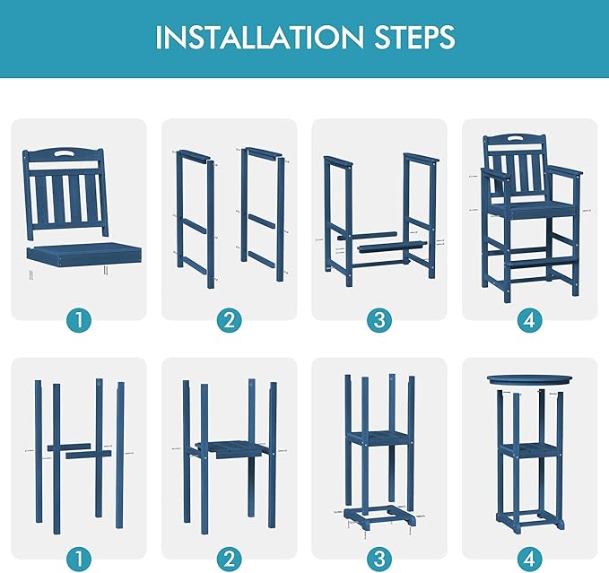 Ciokea 3-Pcs Bistro Table and Chairs, All-Weather Round High Top Bar Table with Storage Shelf and 2 Oversized Adirondack Chairs, Heavy Duty Outdoor Bar Patio Bistro Set for Balcony Deck, Navy Blue