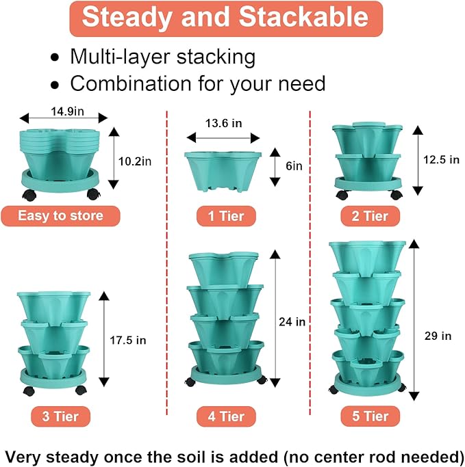 GameXcel Vertical Planter 5 Tier Stackable Planters Garden Planters Strawberry Herb Flower and Vegetable Planter Indoor Outdoor Gardening Pots with Removable Wheels and Tools