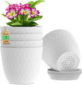 7 inch Plant Pots, 5 Pack Flower Pots with Drainage Holes and Saucers for Indoor Plants, Plastic Planters with Water Ripple for Small Garden House Plants, Nursery Pots for Succulent, White