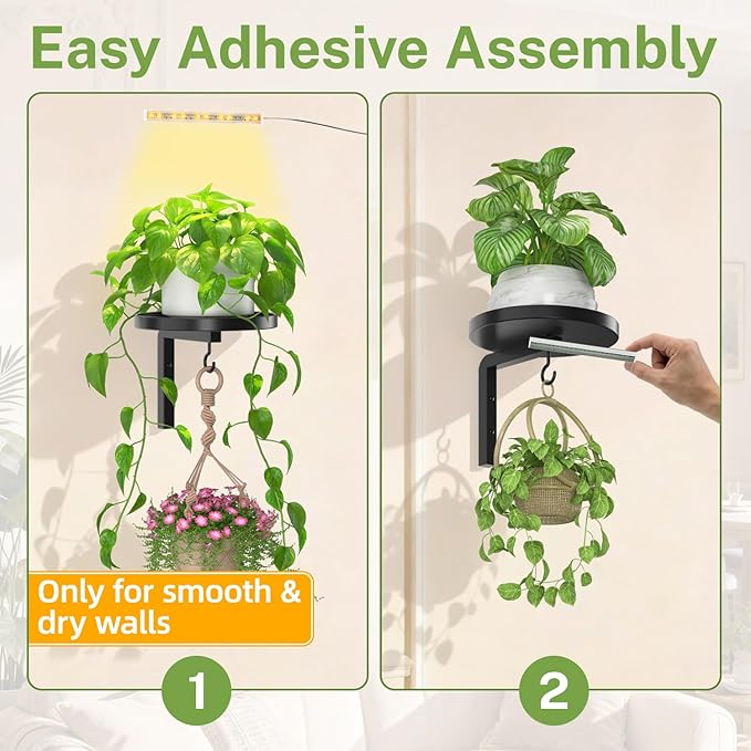 iDavosic.ly Wall Plant Holder with Grow Lights Set of 2 for Indoor Outdoor, Metal Hanger with 2 Hooks, Floating Flower Display Stand for Window, Space Saving & Easy to Assemble (Pots Not Included)