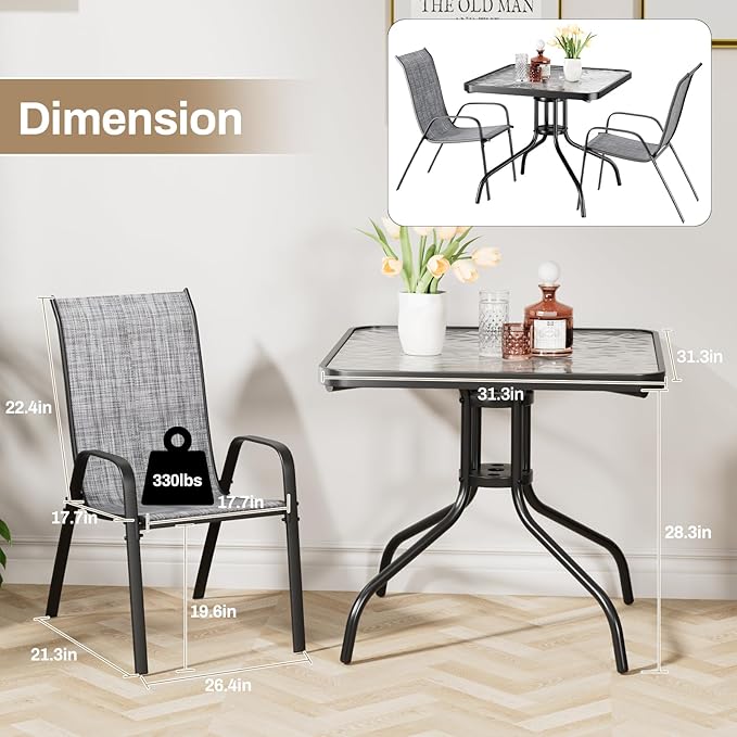 TLSUNNY Patio Dining Set 5 Pieces, All Weather Outdoor Furniture W/30"X 30" Table and 4 Stackable Textilene Chairs, Metal Table and Chairs for Lawn, Garden, Poolside, Backyard (Umbrella not Included)