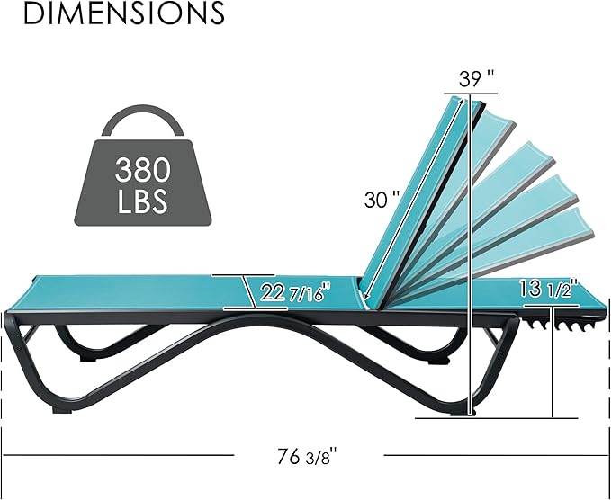 Kozyard Outdoor Chaise Lounge Chair, Full Aluminum Frame, Adjustable Reclining Patio Lounger for Poolside, Sunbathing & Backyard, Textilene (Aqua)