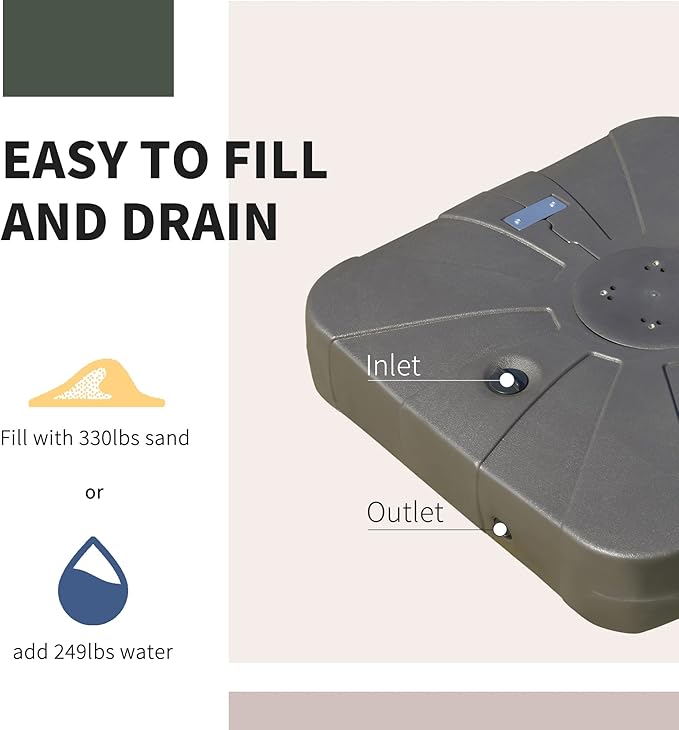 Outsunny Square Cantilever Patio Umbrella Base with 4 Wheels for Easy Moving, Heavy Duty Umbrella Stand Weight, 330 lb Capacity Sand or 249 lb Capacity Water, Coffee