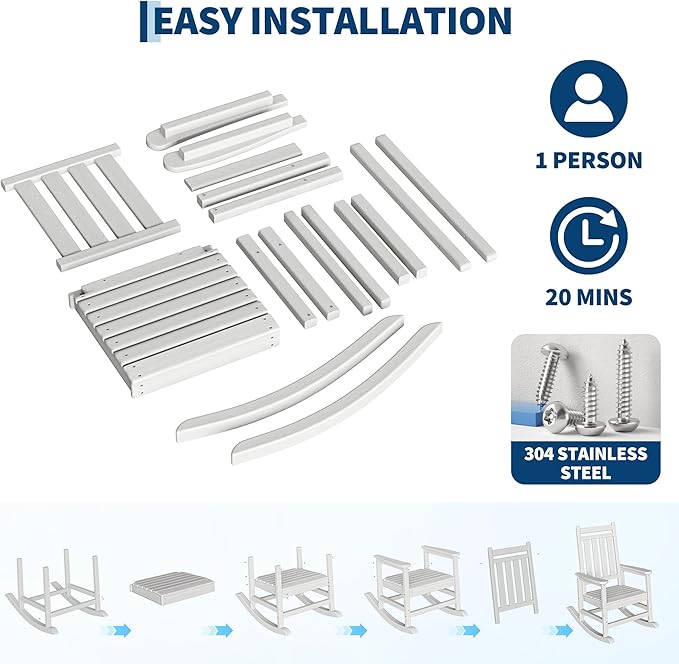 HDPE Rocking Chair Outdoor- Poly High Back Porch Rocker Chairs for Adults - All Weather Resistant Furniture for Patio Front Porch - White