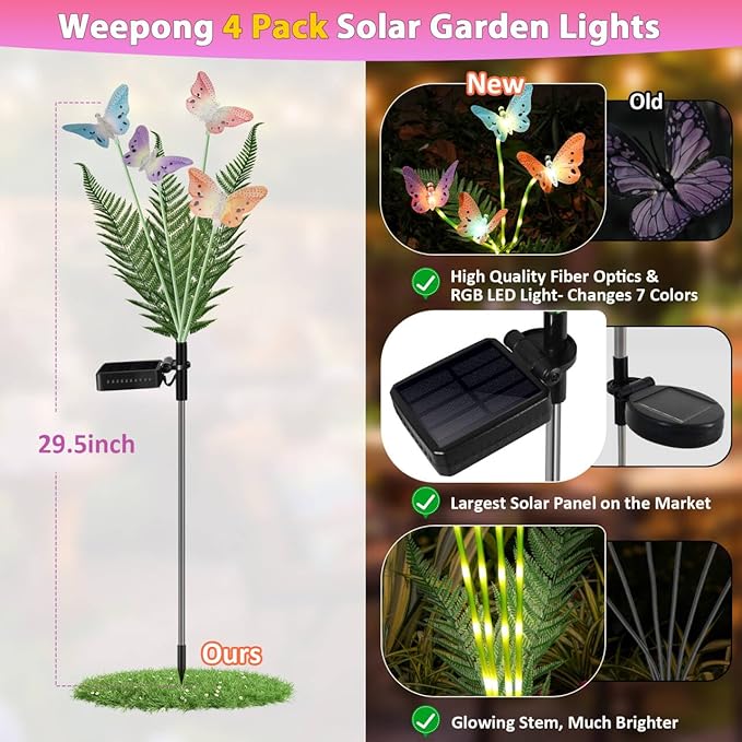 Solar Garden Lights 4 Pack Waterproof Decorative Solar Lights Outdoor with Glowing Stems,7-Color Changing ‎Fiber Optic Butterfly Light for Outside Yard Lawn Garden Decor, Gifts for Women
