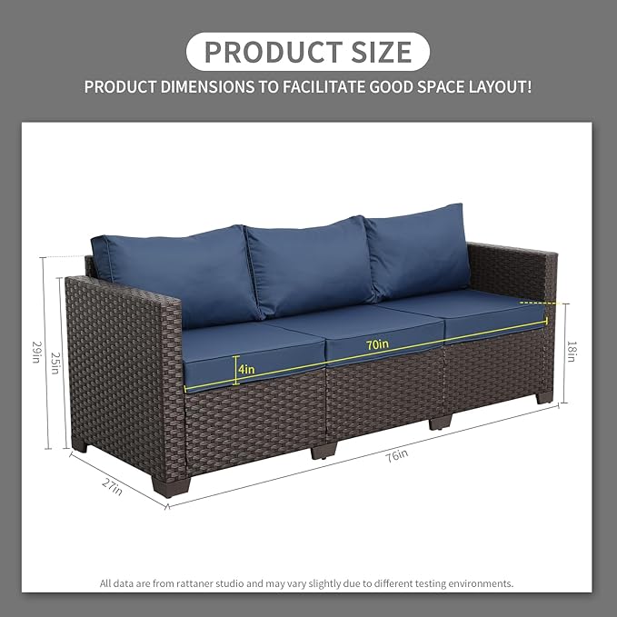 Rattaner 3-Seat Patio Wicker Sofa, Outdoor Rattan Couch Furniture Steel Frame with Furniture Cover and Deep Seat High Back, Blue Anti-Slip Cushion.