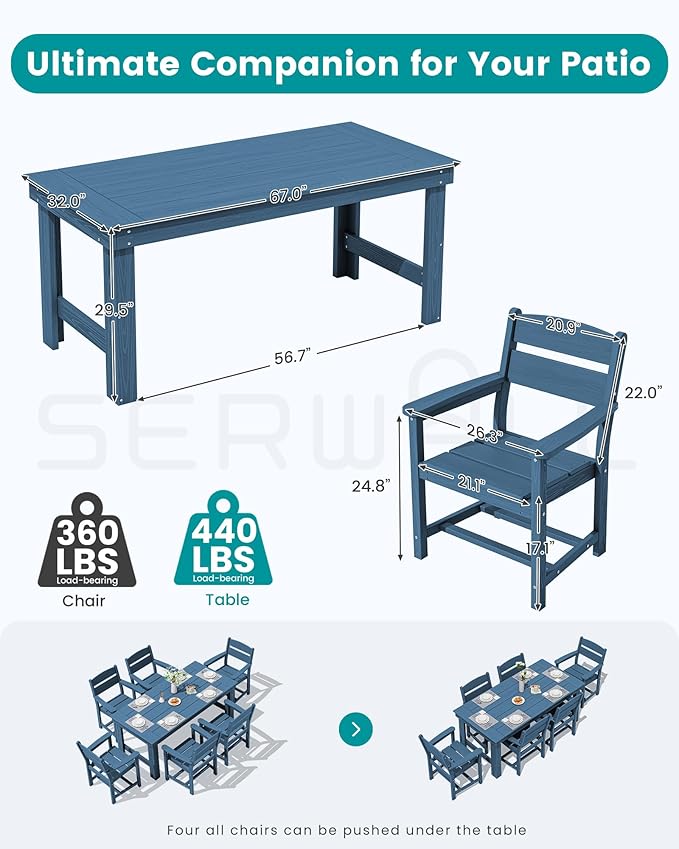 SERWALL Outdoor Dining Table Set, 67‘’ HDPE Patio Dining Set for 6, All-Weather Outdoor Table and Chairs Set for Deck, Blue