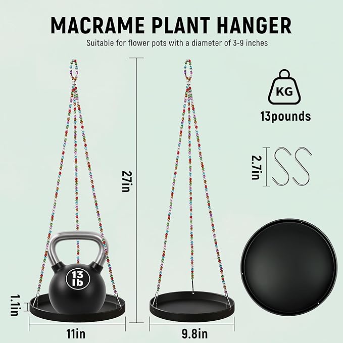 2-Pack Modern Boho Macrame Plant Hanger, 10/11 Inch Metal Hanging Planter Holder for Indoor and Outdoor Home Garden Decor, Black Hanging Plant Shelf for Window, Wall, and Ceiling. (American, 10/11)