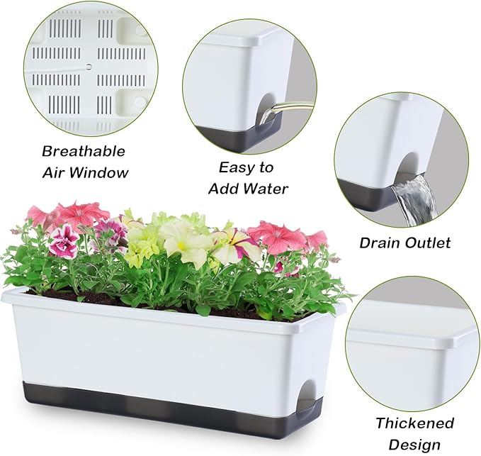Window Box Planter 8 Pcs, 17 Inches Rectangle Flower Pots with Drainage Holes & Trays, Vegetable Planters for Windowsill Patio Garden Balcony Home Indoor Outdoor (White, 16 * 7 * 6 inch)