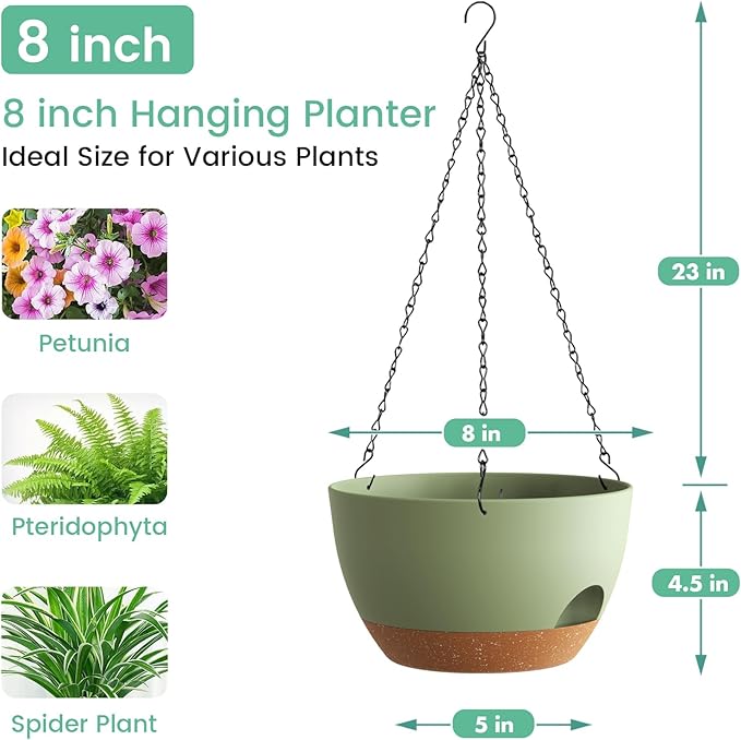 4 Pack 8 Inch Self Watering Hanging Planters for Indoor Outdoor Plants，Hanging Pots for Plants with Drainage Removable Tray, Hanging Baskets Flower Pots for Pothos Spider Garden Green with Brown