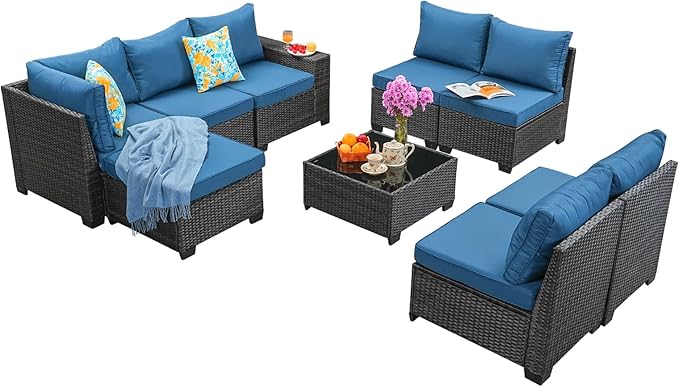 Jing's Villa 9-Piece Patio Furniture Set, All-Weather Outdoor Wicker Sectional Sofa with Cushions, Tempered Glass Table & Ottoman, Rattan Conversation Seating for Porch, Garden, Backyard,Peacock Blue