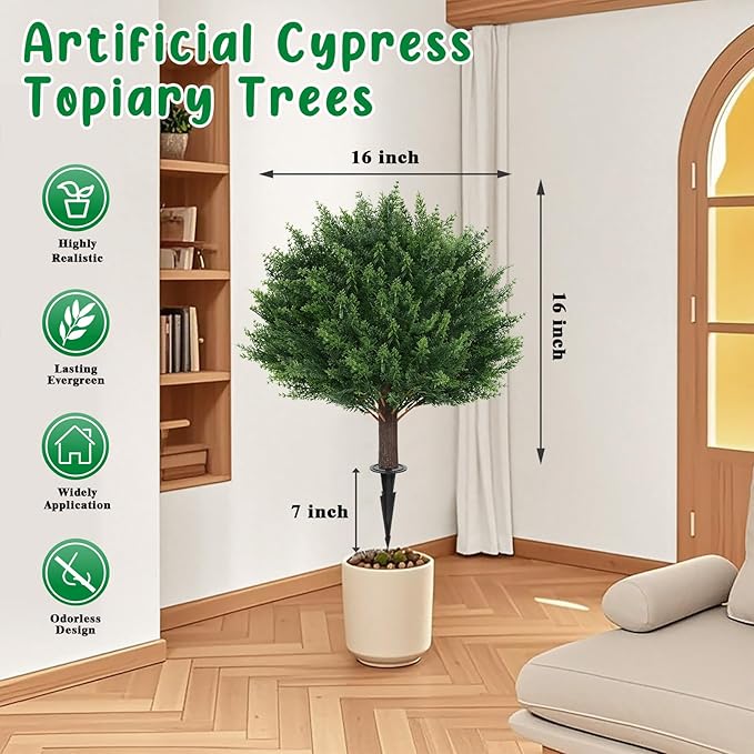 Artificial Cypress Topiary Tree with Ground Spike, Set of 4 Artificial Shrub Bushes, Fake Evergreen Tree for Porch, Artificial Plants for Outdoor Planters Indoor UV Resistant