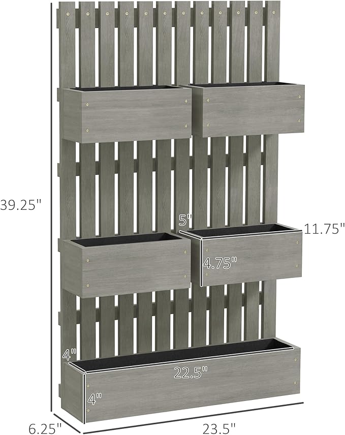 Outsunny 5 Box Raised Garden Bed with Trellis for Vine Flowers & Climbing Plants, 39" Tall Wall-Mounted Wood Planter Box Set with Adjustable Height, Drainage Hole, Gray