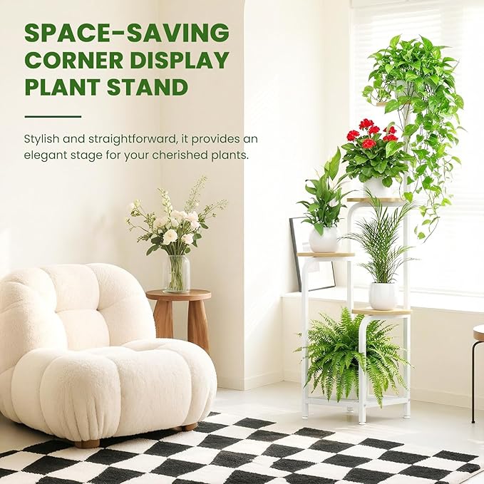 TOSKING 5 Tier Metal Plant Stand Indoor 48''H Tall ,Heavy Duty Plant Shelf , Corner Shelf Flower Pot Stand for Outdoor Plant Stand for Living Room Balcony Garden Patio Bedroom (5 Tier-White and Wood)