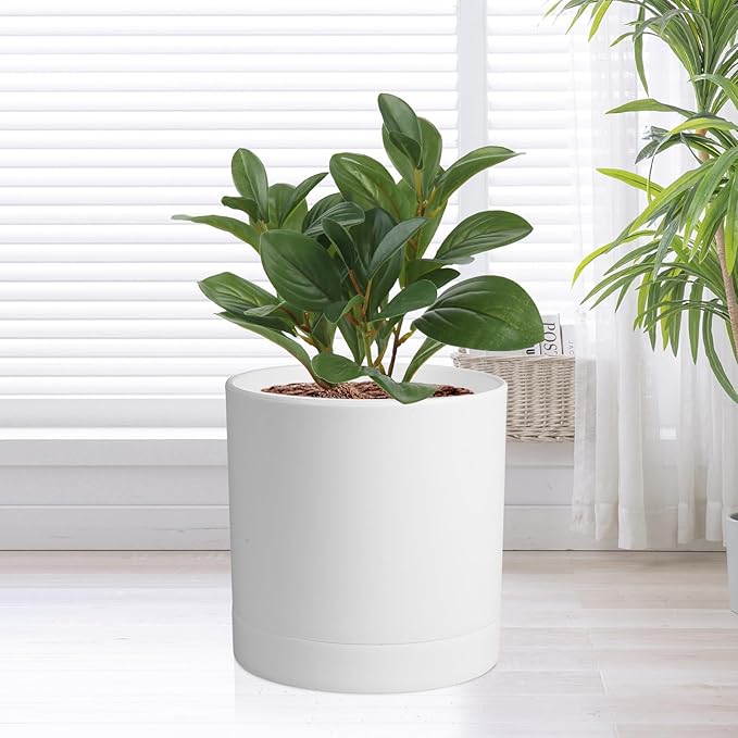 7/6.5/6/5/4 inch Flower Pots, 5 Pack Cylinder Plant Pots for Small Indoor Outdoor Plants, Plastic Planters with Drainage Holes and Saucers for Garden Succulent Nursery House Plants, White