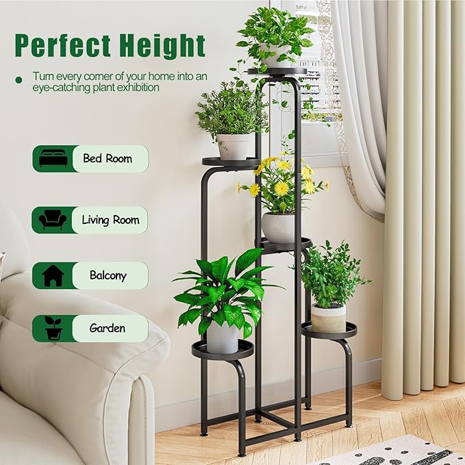 Plant Stand Indoor Outdoor 5 Tier Metal Plant Shelf for Multiple Plants Corner Flower Holders for Living Room Balcony Bedroom Patio Garden, Black (Black, 5-Tier)