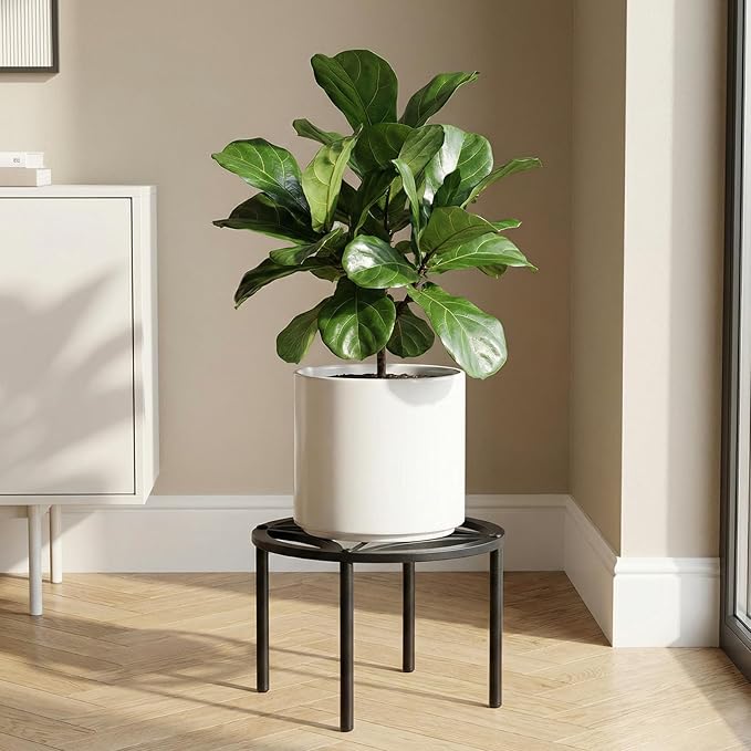 TOSKING Heavy Duty Metal Plant Stand for Indoor Outdoor, 10.2" Rustproof Wrought Iron Potted Plant Holder with 4 Adjustable Feet, Modern Geometric Pattern Round Rack for Drink Dispenser, Black