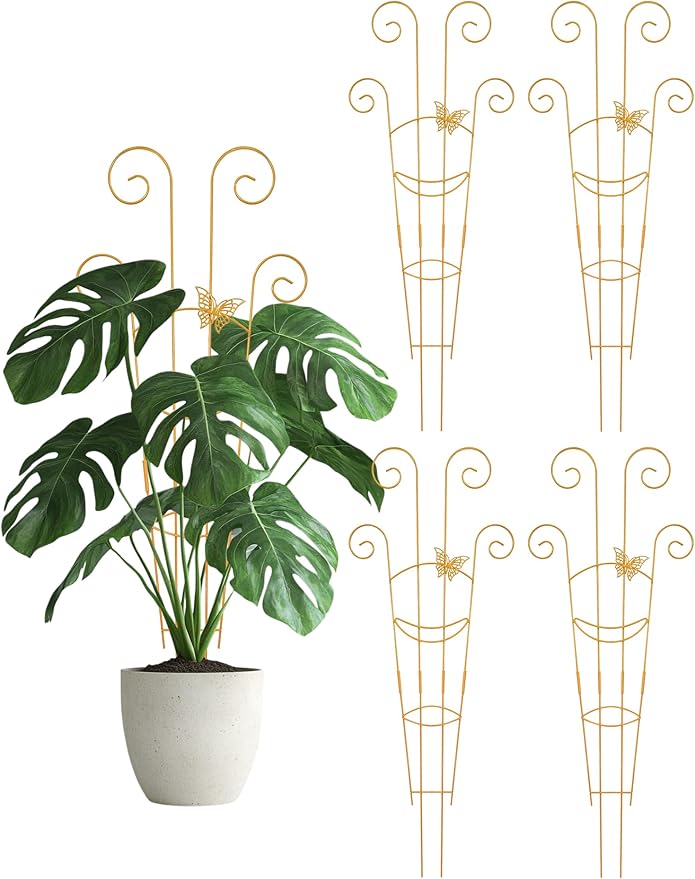 4Pcs Indoor Plant Trellis for Potted Plants, 30" Taller Expandable Garden Metal Trellis for Climbing Plants Outdoor, Houseplant Support Stakes for Ivy Pothos Hoya Flower (Gold)