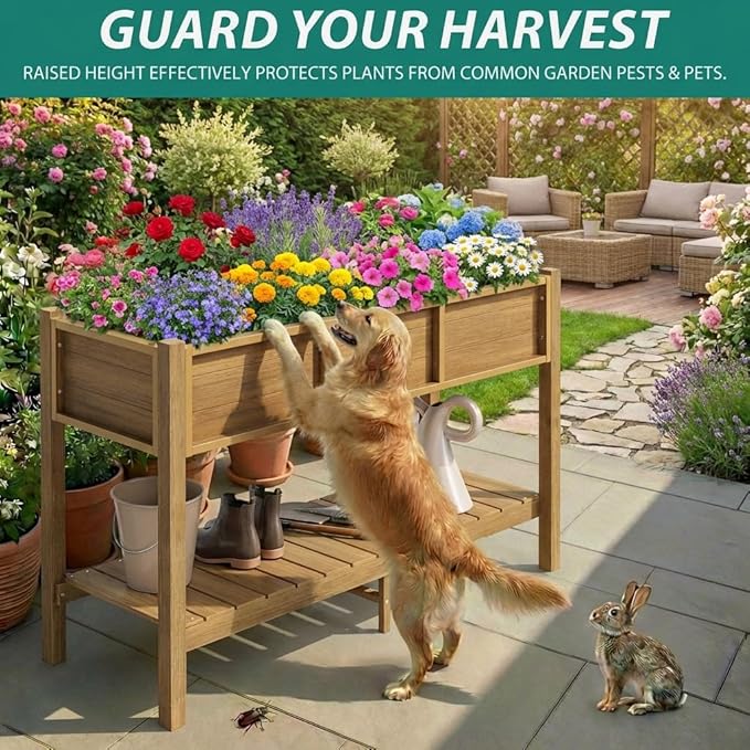 YITAHOME Raised Garden Bed Outdoor HDPE with Shelf, 48x18x30in Poly-Wood Weather-Resistant Elevated Planter Box with Legs for Vegetable Flower, Herb Garden Bed for Backyard Balcony Garden, Brown