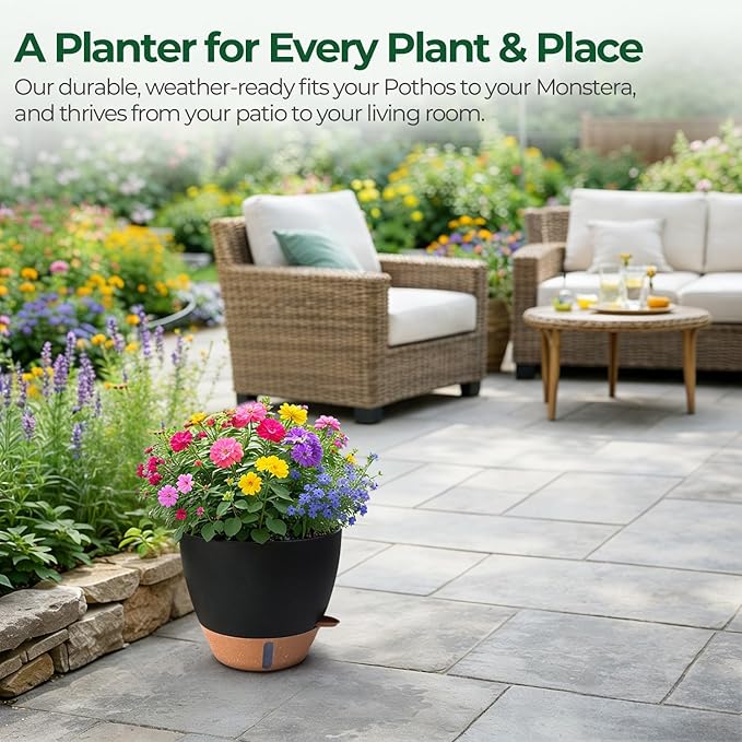 2 Pack 10 Inch Self Watering Pots - Water Level Indicator & Deep Reservoir, Mess-Free Planter for Busy People, Beginners & Gardeners, Fiddle Leaf Fig, Monstera, ZZ Plants, Indoor Outdoor Use (Black)