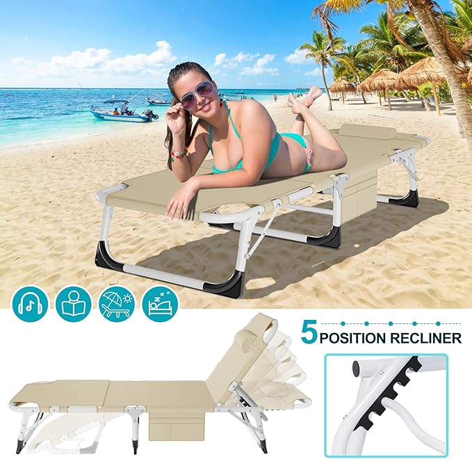 ABORON Oversized Folding Sun Tanning Chair, 3 in 1 5-Position Adjustable Outdoor Heavy Duty Chaise Lounge Chairs, with Face & Arm Holes, Mattress, Pillow, for Beach Pool Lawn Yard Patio