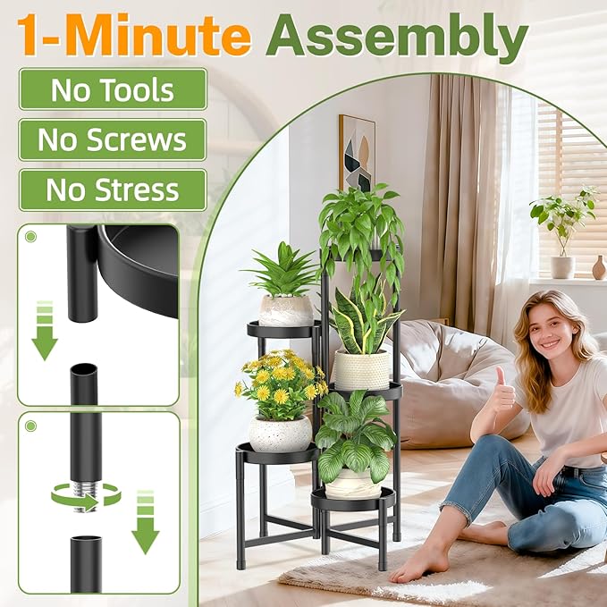 iDavosic.ly Plant Stand with Garden Tools, 5 Tier Corner Metal Flower Display Holder Shelf Indoor Outdoor, Easy Assembly Folding Tall Orchid Rack for Patio Balcony Porch Living Room House, Black