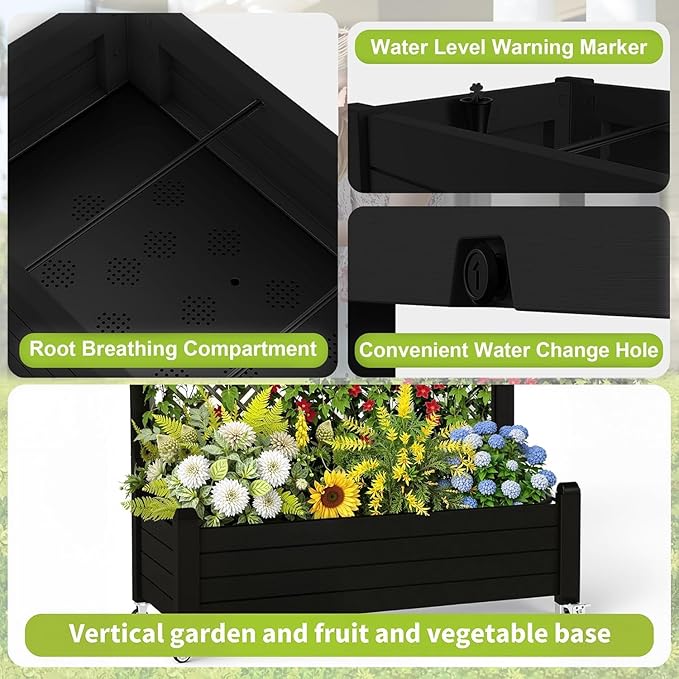 EasyUp Rolling Garden Planter Box with Trellis & Lockable Casters, Outdoor Raised Bed with Drainage & Water Gauge, Durable Resin for Patio, Balcony, Yard, Dust-Proof (Black, 43.43 * 18.27 * 64.29)