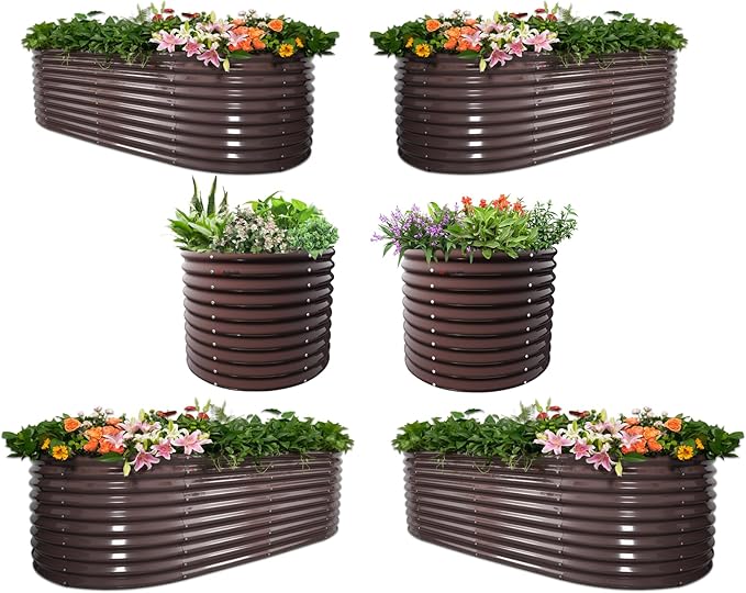 A ANLEOLIFE Set of 6, 30 Inch Extra Tall Galvanized Raised Garden Beds Kit, Large Oval & Round Metal Planters – Ideal for Backyard Vegetables Flowers Herbs, CaféBronze