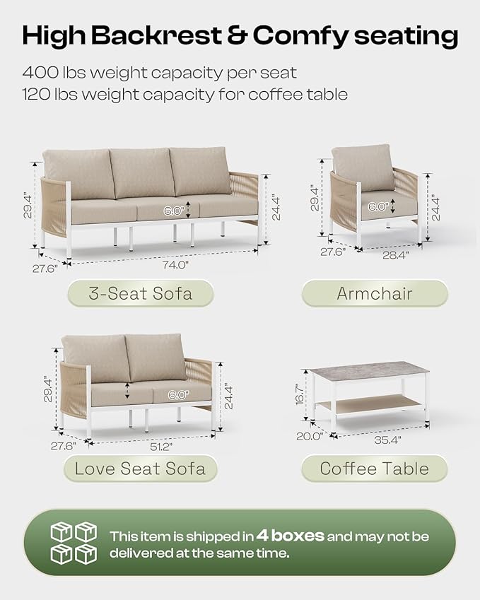 Aluminum Outdoor Patio Couch, 3 Seats HDPE Rope Patio Sofa with Washable Thick Cushion, All-Weather Patio Furniture for Balcony, Yard, White Frame, Ivory