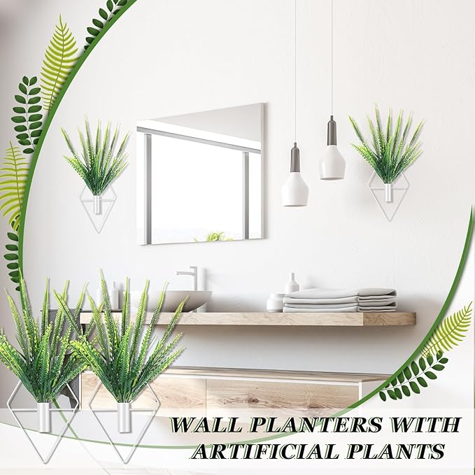 2 Pieces Wall Decor Hanging Planters with Artificial Plants Metal Hanging Vase Indoor Plants Holder Modern Boho Wall Art for Bathroom Bedroom Living Room Decor(White,Boston Fern)