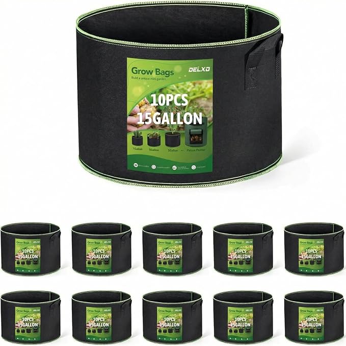 Delxo 10 Pack 15 Gallon Heavy Duty Aeration Fabric Pots Thickened Nonwoven Plant Grow Bags with Handles