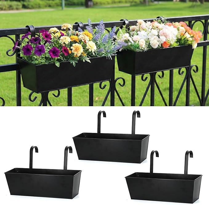 3 Pack Metal Railing Planters, 16 Inch Large Rectangular Hanging Flower Pots with Detachable Hooks & Drainage Holes, Fits Rails up to 2.5", Galvanized Iron Window Box for Balcony Garden - Black