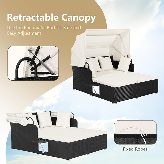COSTWAY Outdoor Daybed with Retractable Canopy, Wicker Patio Furniture Set with Cushioned Pillows, Patio Rattan Daybed for Deck, Backyard, Poolside (White)
