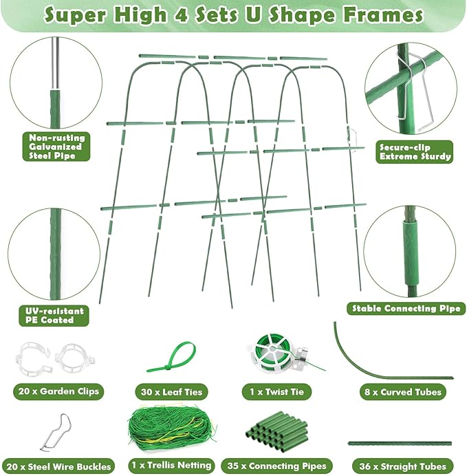 Cucumber Trellis for Raised Beds, 63 x 45 Inch U-Shaped Garden Trellis for Climbing Plants Outdoors with Climbing Net, Metal Detachable Arch Plant Support Vegetable Trellis