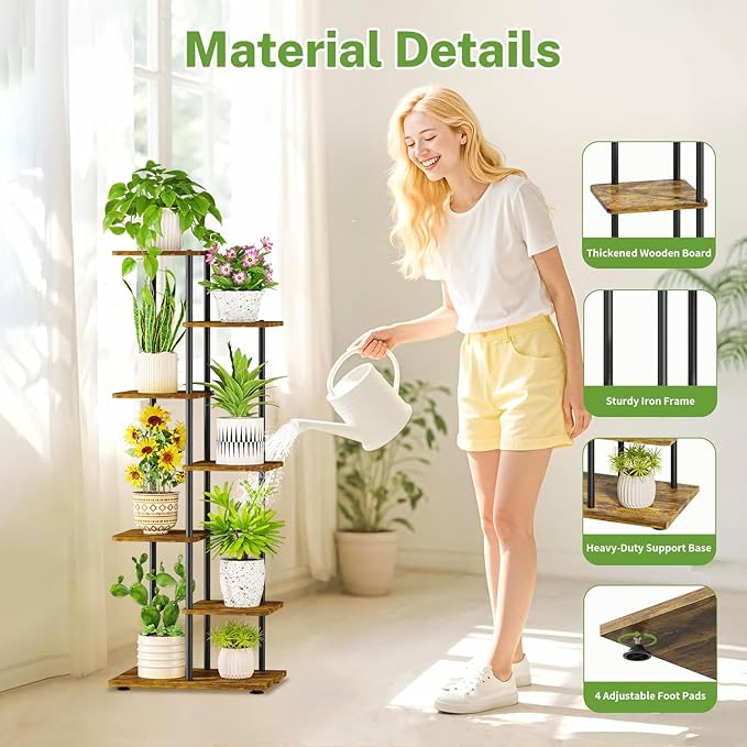 iDavosic.ly 6 Tier Tall Plant Stand Indoor with Light, Tiered Corner Metal Wood Multiple Flower Holder Shelf, 50 Inch Display Grow Rack for Living Room Bedroom, Modern Black & Rustic Brown