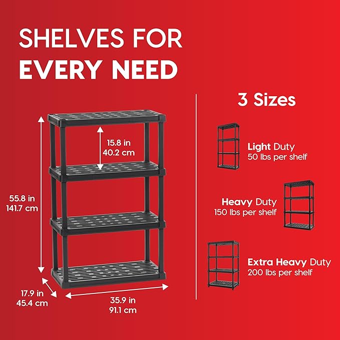 IRIS USA 4-Shelf Heavy Duty Plastic Storage Shelves, 600lb Capacity, 56" H x 36" W x 18" D, Large Modular Shelving Unit Storage Organizer for Garage, Home, Warehouse & Gym, Storage Rack - Black