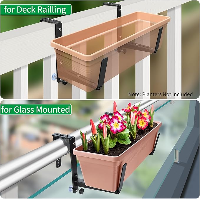 Window Box Brackets, Adjustable Planter Box Brackets, Heavy Duty Iron Flower Box Brackets for Railings, with Enhanced Bottom Support - Perfect for Balconies, Fences, and Gardens (Black, 2 Pack)