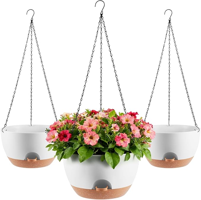 3-Piece Set of 10-Inch Hanging Planters with Automatic Watering System and Drip Tray, Includes Metal Chain, Suitable for Various Indoor and Outdoor Plants and Flowers, White-Brown