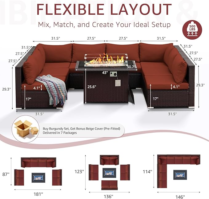 NICESOUL 9 Pcs Large Patio Furniture Set with Fire Pit Propane/Natural Gas, 29.3'' High Back Wicker Outdoor Sectional for 8 People, Modular Deep Sofa Conversation Sets, Brown Rattan and Red Cushion