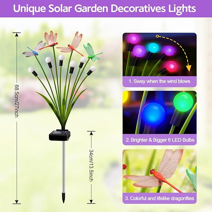Solar Garden Lights Outdoor - 4 Pack Dragonfly Solar Swaying Light, Sway by Wind, Firefly Lights Outdoor Yard Patio Pathway Decoration, High Flexibility Iron Wire & Heavy Bulb Base(Multicolor)