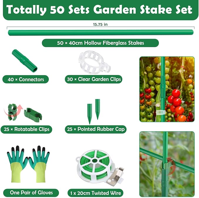 Cludoo 162PCS Garden Stakes Set with 50 Sets Fiberglass Plant Stakes Sticks Supports and Accessories, DIY 4ft 5ft 6ft 7ft Tomato Stakes for Tomato,Vegetables, Pepper, Fences Indoor Outdoor Plants