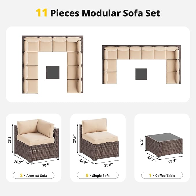 Aoxun Patio Furniture Set, 11 Piece Outdoor Sectional Sofas with Waterprool Cover, 10 Seats Wicker Rattan Outdoor Furniture Patio Conversation Set for Backyard, Garden (Brown Rattan Begin Cushions)