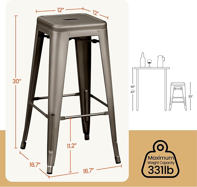 Yaheetech 30 Inch Metal Bar Stools Set of 4, Bar Height Backless Bartools, Industrial Stackable Bar Chairs with Footrest for Kitchen/Dining Room/Bistro/Patio, Gun Metal