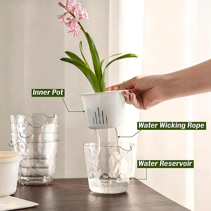 InmeRun Plant Pots Indoor Plastic Flower Pots Outdoor 5 inch Set of 6 Pack with Drainage Holes and Saucers for Garden Pots (self Watering 5in-6p)