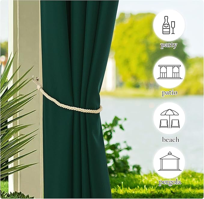 NICETOWN 2 Panels Outdoor Curtains for Patio Waterproof 108" Long, Stainless Steel Silver Grommet Privacy Drapes for Outdoor Living/Pergola, Dark Green, W55 x L84 per Panel
