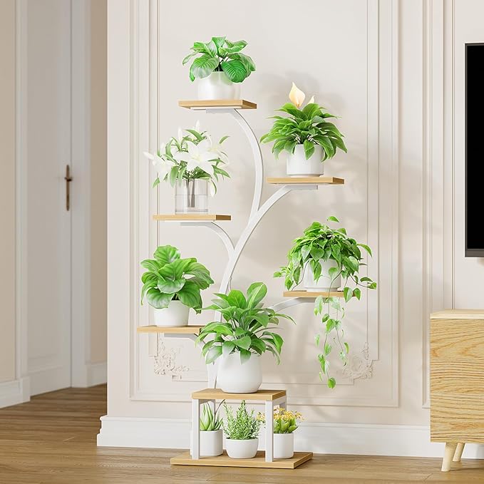 Plant Stand Indoor with Grow Lights, 7 Tiered Indoor Plant Shelf, 49" Corner Plant Stands for Indoor Plants, Metal Plant Flower Display Shelf, Tree-Shaped Plant Rack for Home, Patio, Natural