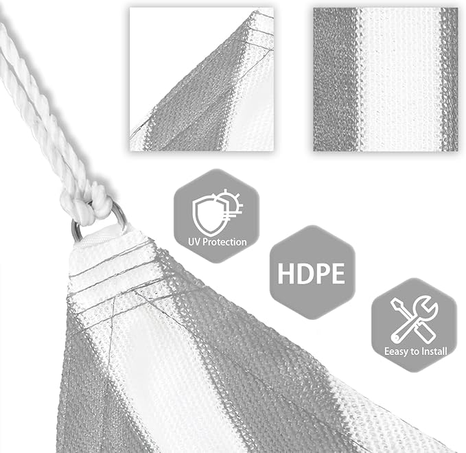 Patio Paradise 2' x 2' x 2' Sun Shade Sail Triangle Canopy Shade Cloth Fabric Sunlight Block Patio Pergola Cover HDPE Deck Awning for Outdoor Backyard Roof Shading, Gray White Strip