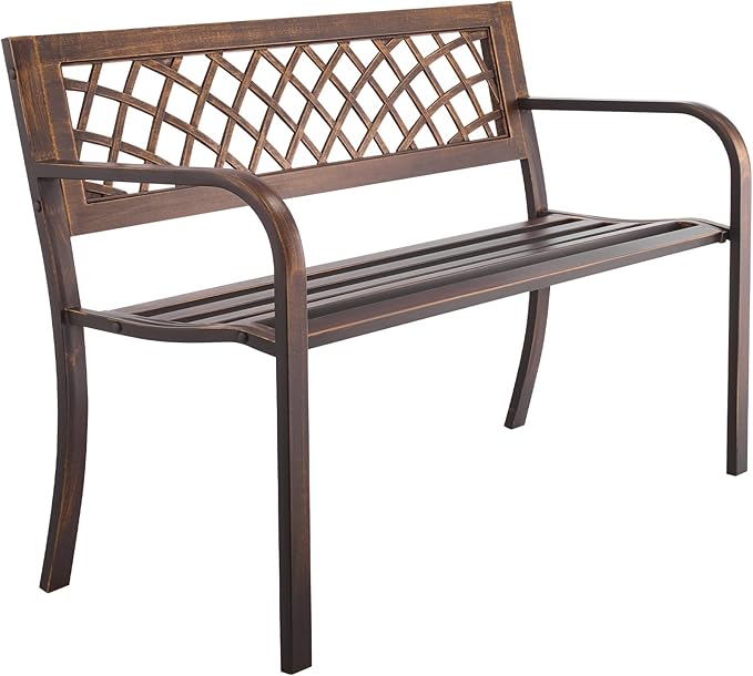 VEVOR Outdoor Bench, 46 inch, Carbon Steel Metal Frame with PVC Mesh Pattern Backrest and Round Edge Armrests, Weatherproof Outside Bench for Patio, Garden, Park, Yard, Front Porch, Antique Bronze